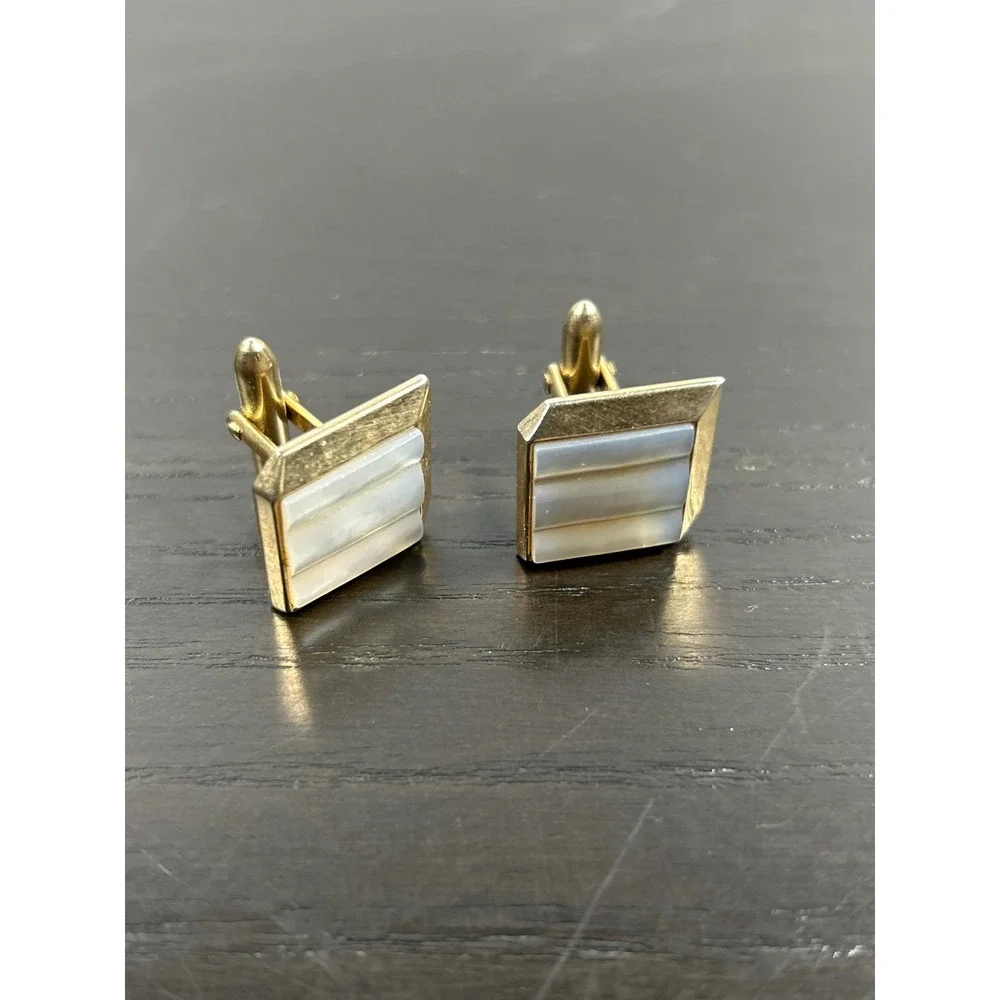 Vintage Swank Gold Tone Mother Pearl Tiered Square Cufflinks Mid Century Modern